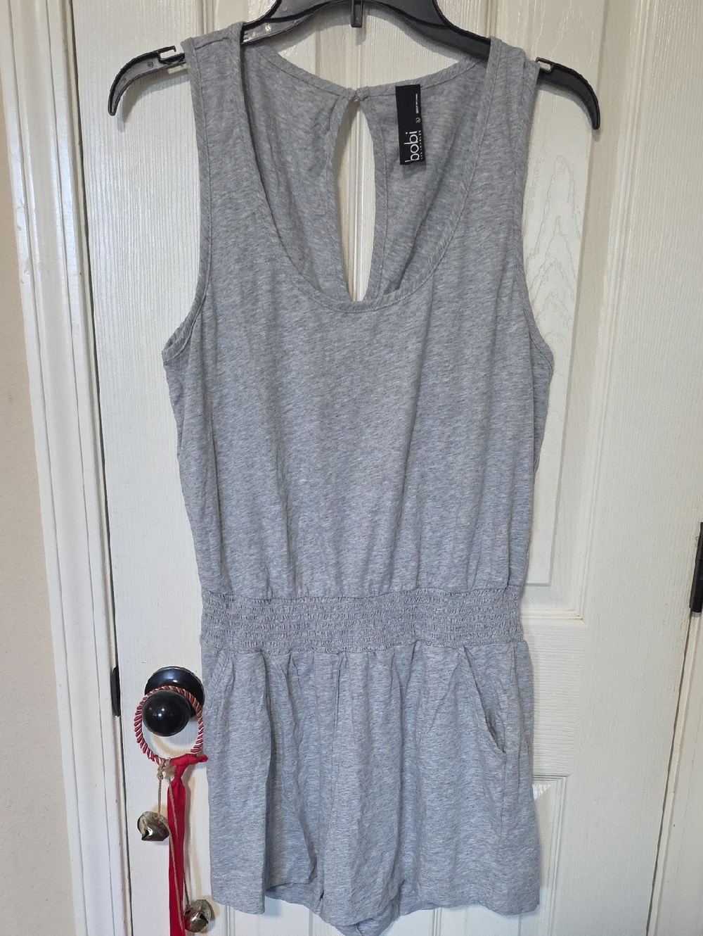 bobi Gray Knit Sleeveless Romper with Smocked Waist, Pockets 100% Cotton.